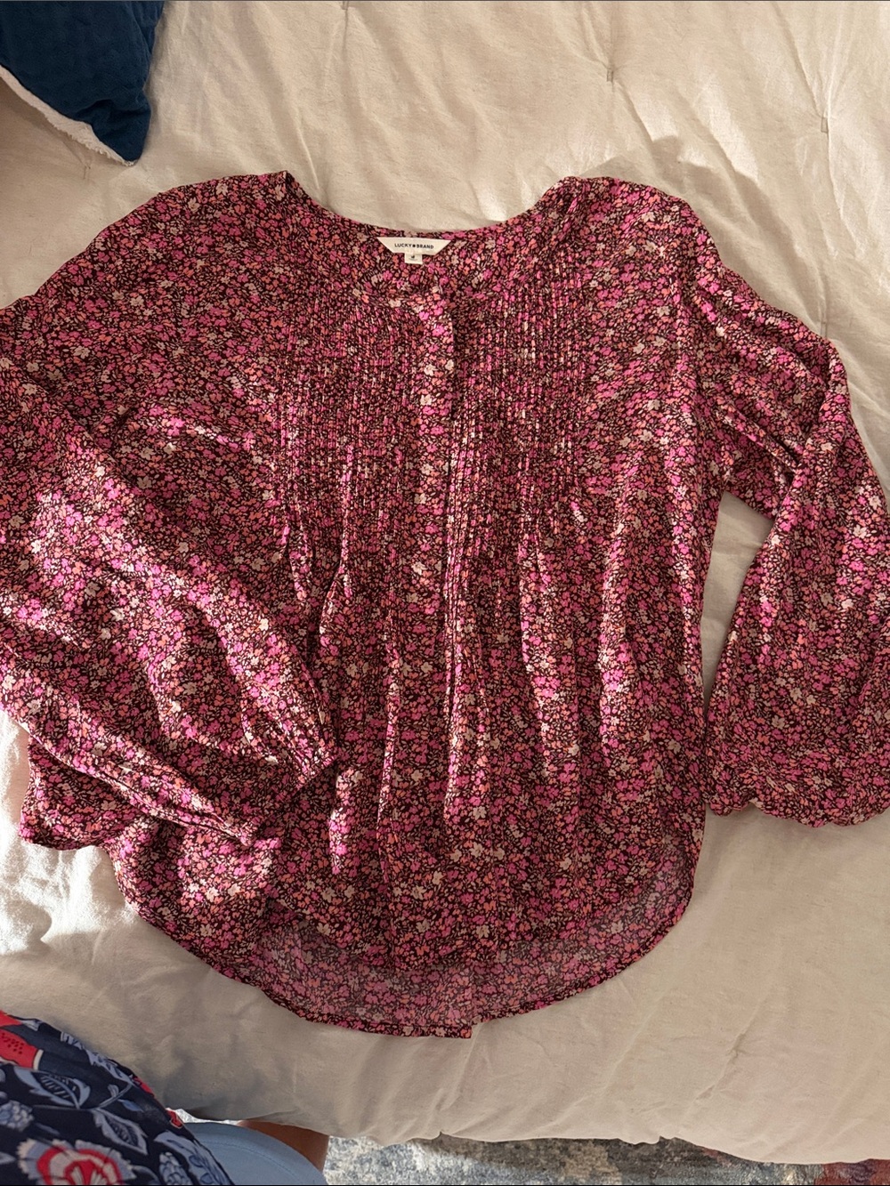 Lucky Brand Pink Floral Pintuck Peasant Blouse